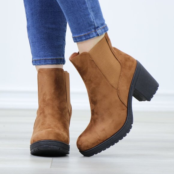 Chelsea Chunky Block High Heel Above Ankle Boots Brown Synthetic Suede - Picture 10 of 12